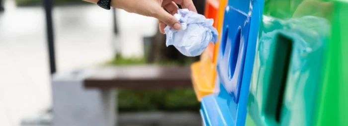 Paper being thrown into recycling bin